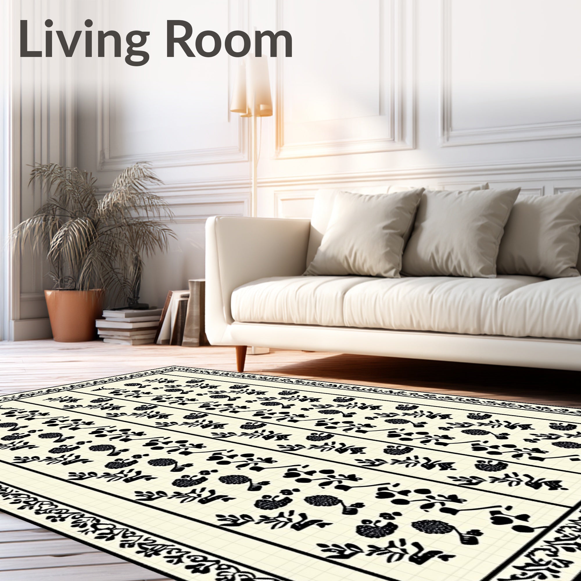 Cream Black Floral Vine Stripes Rug