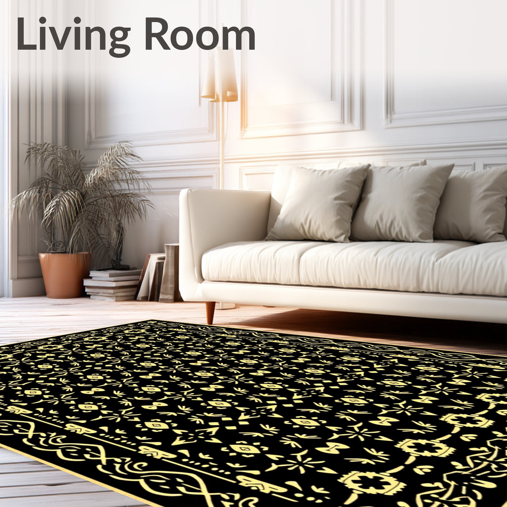 Black and Gold Decorative Geometric Border Rug