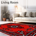 Vibrant Red Black Medallion Border Rug