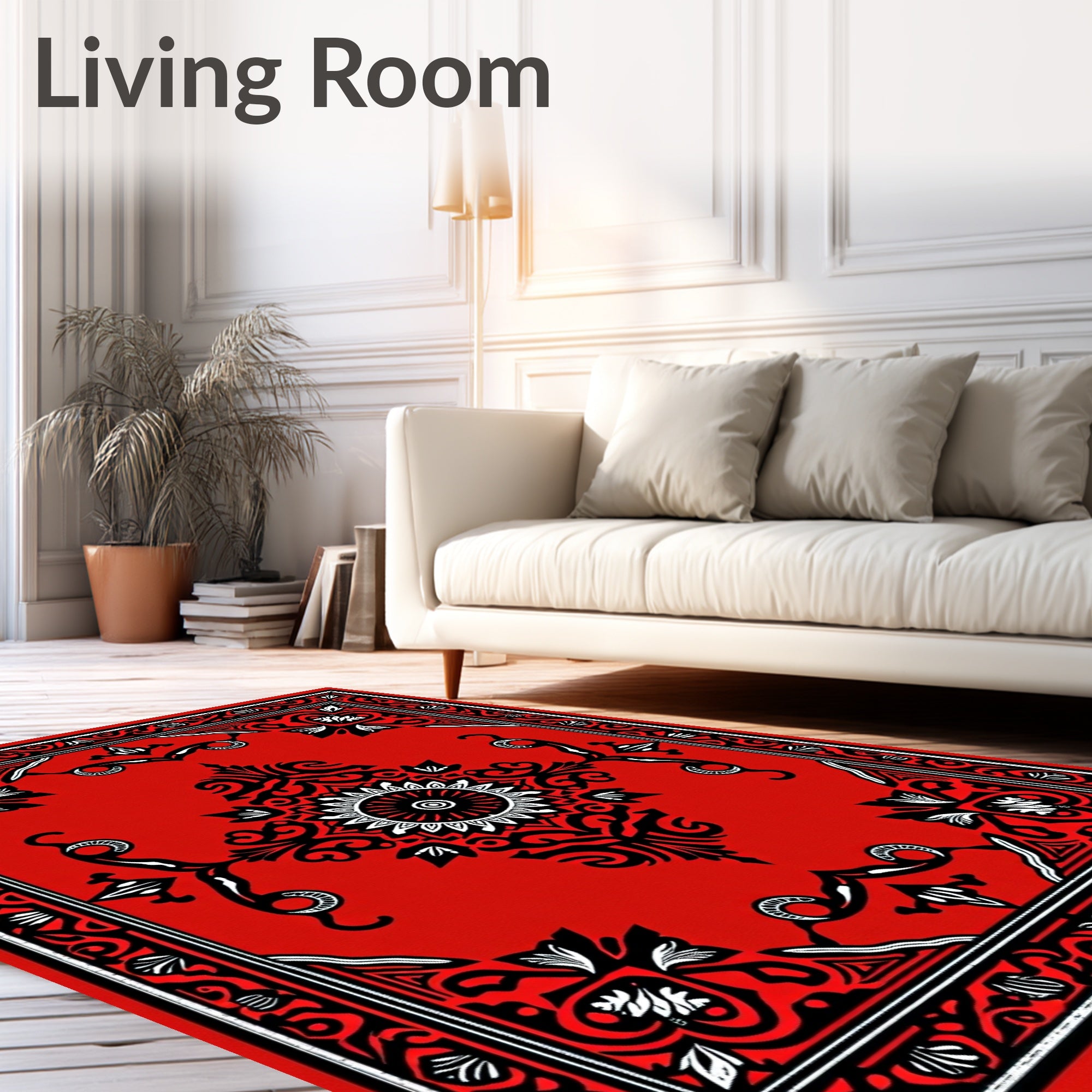 Vibrant Red Black Medallion Border Rug