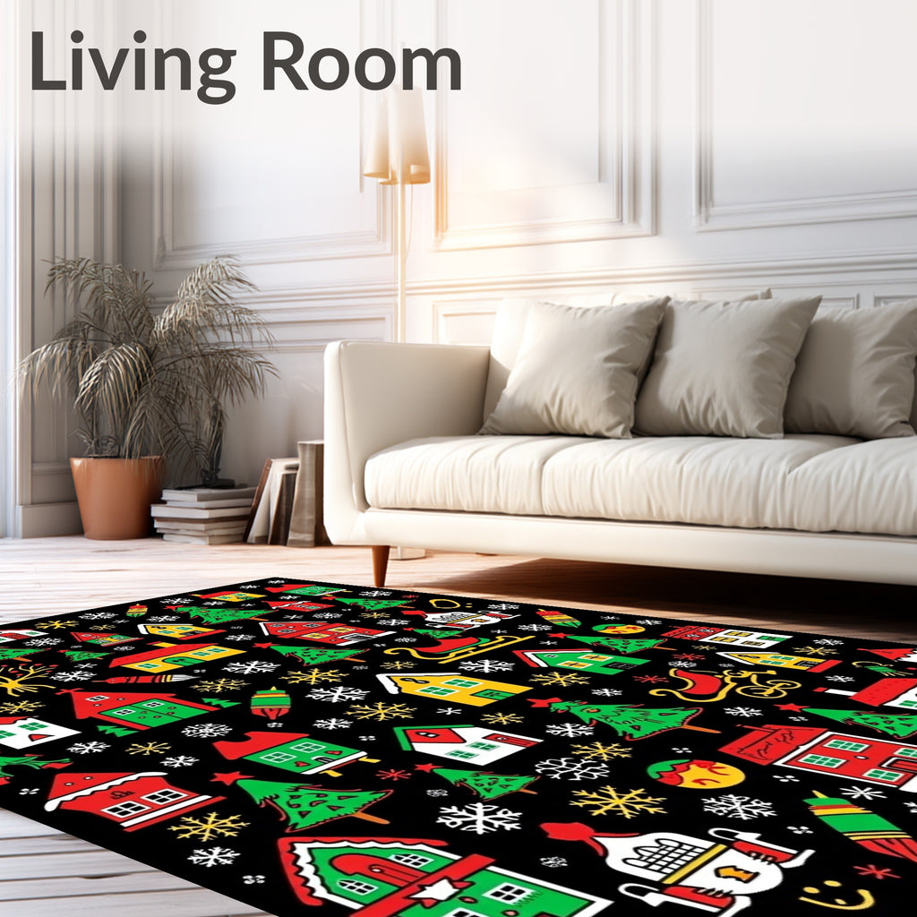 Festive Red Green Yellow Christmas Village Rug