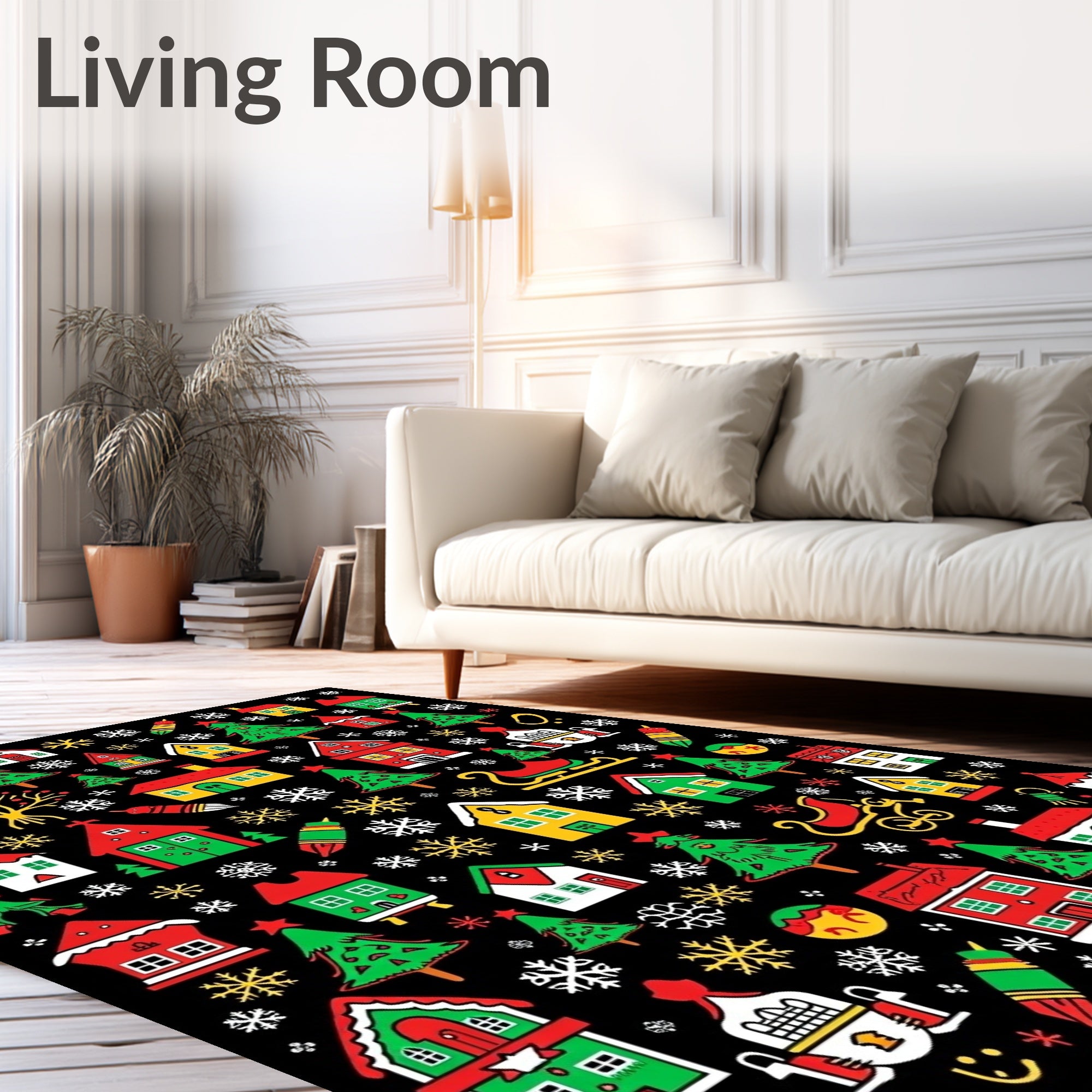 Festive Red Green Yellow Christmas Village Rug