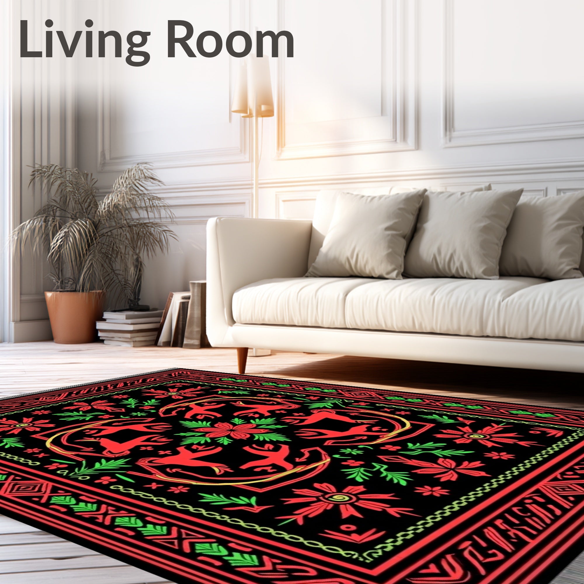 Bold Red Green Animal Floral Arrangement Rug