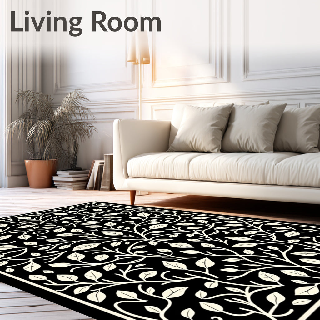 Cream Botanical Swirl on Black Rug