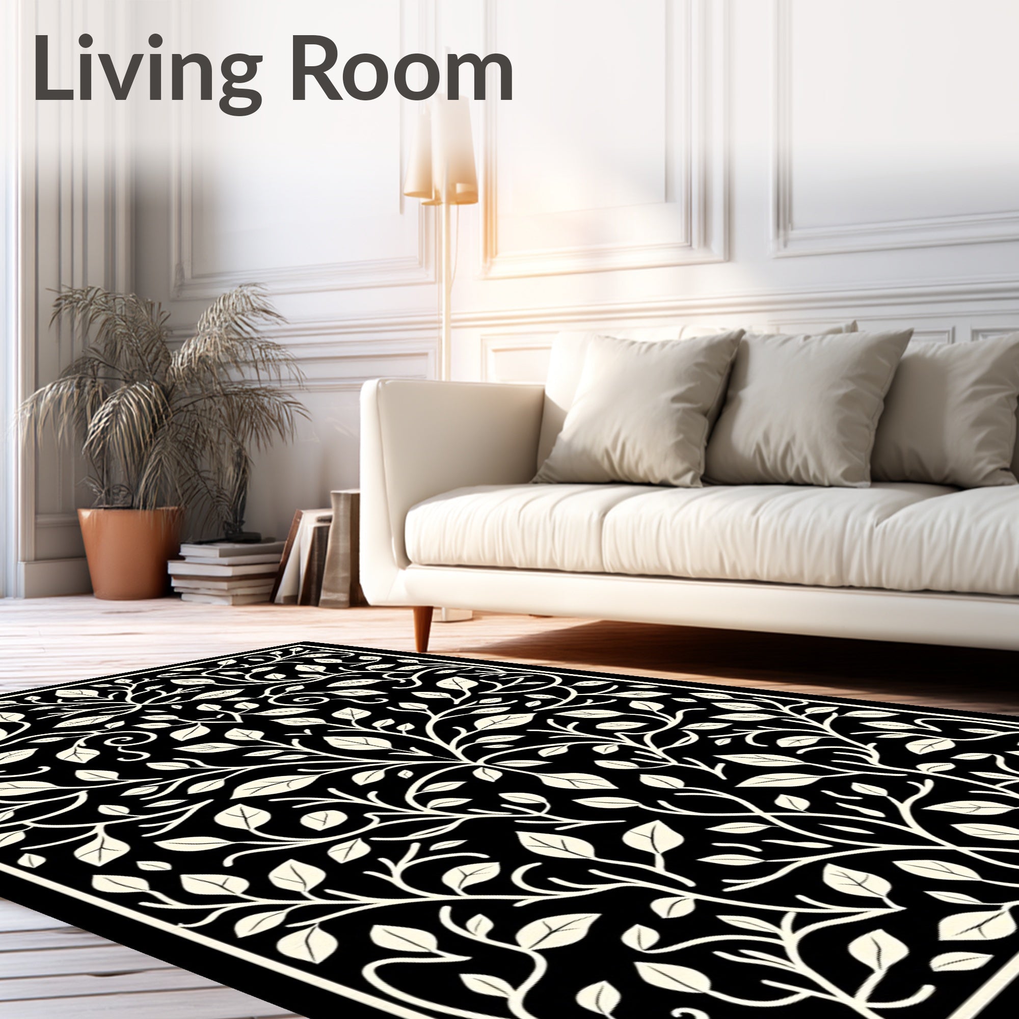 Cream Botanical Swirl on Black Rug