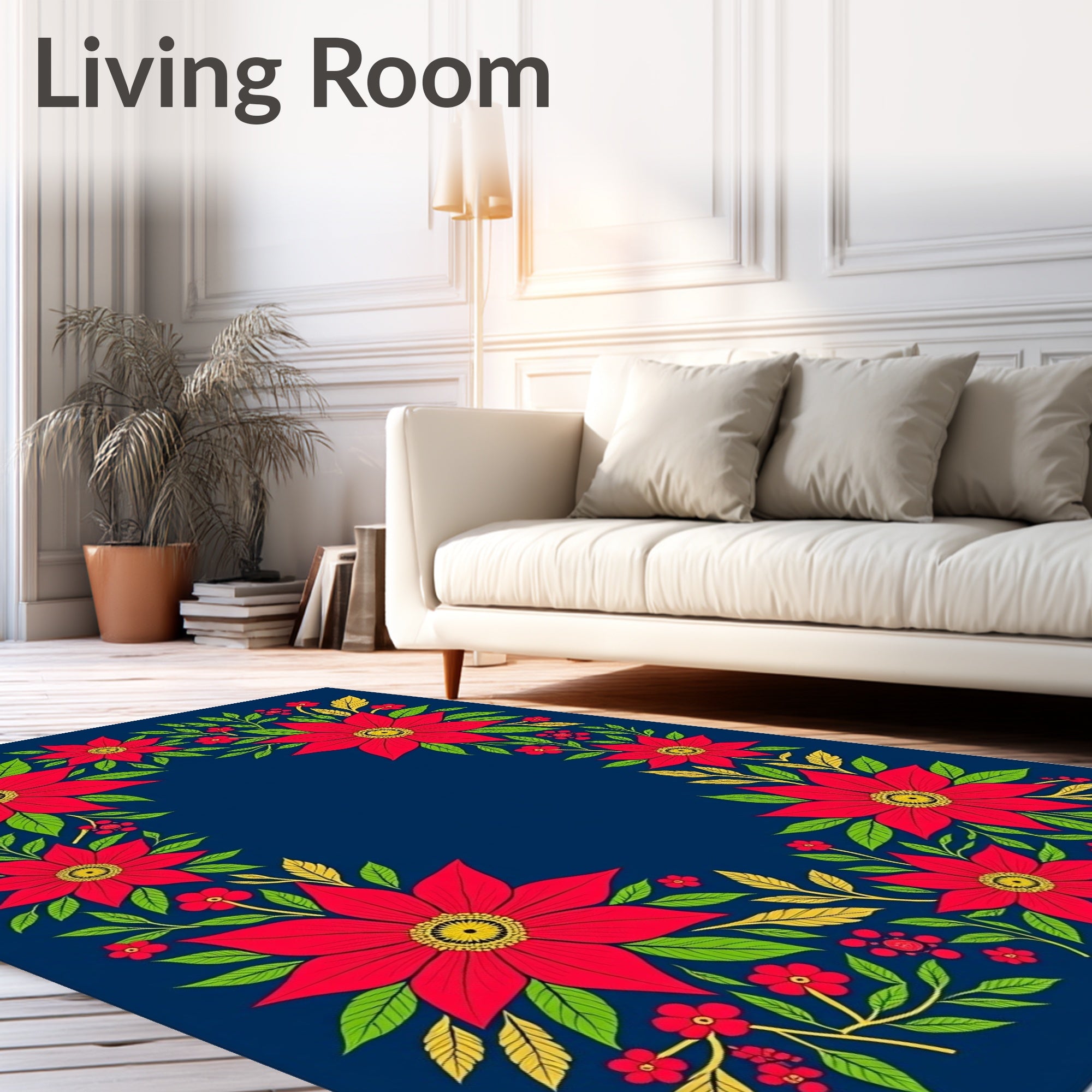 Red Floral Wreath Navy Rug