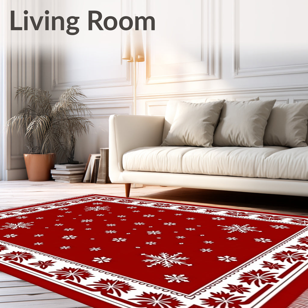 Crimson Snowflakes Geometric Border Rug