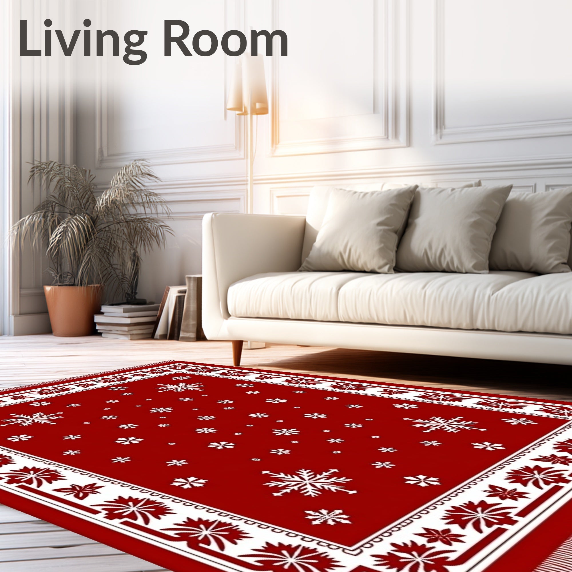 Crimson Snowflakes Geometric Border Rug