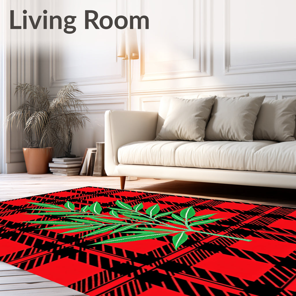 Red Black Plaid Green Leaf Branch Rug