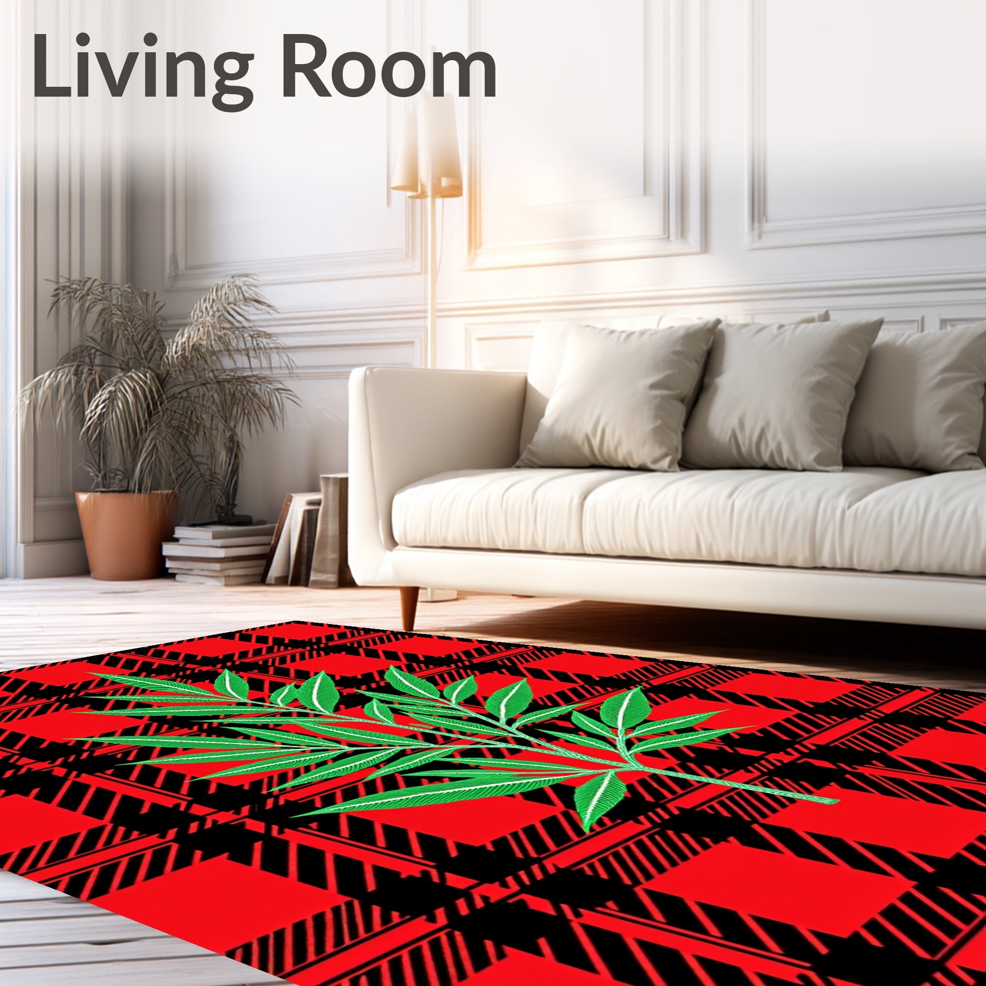Red Black Plaid Green Leaf Branch Rug