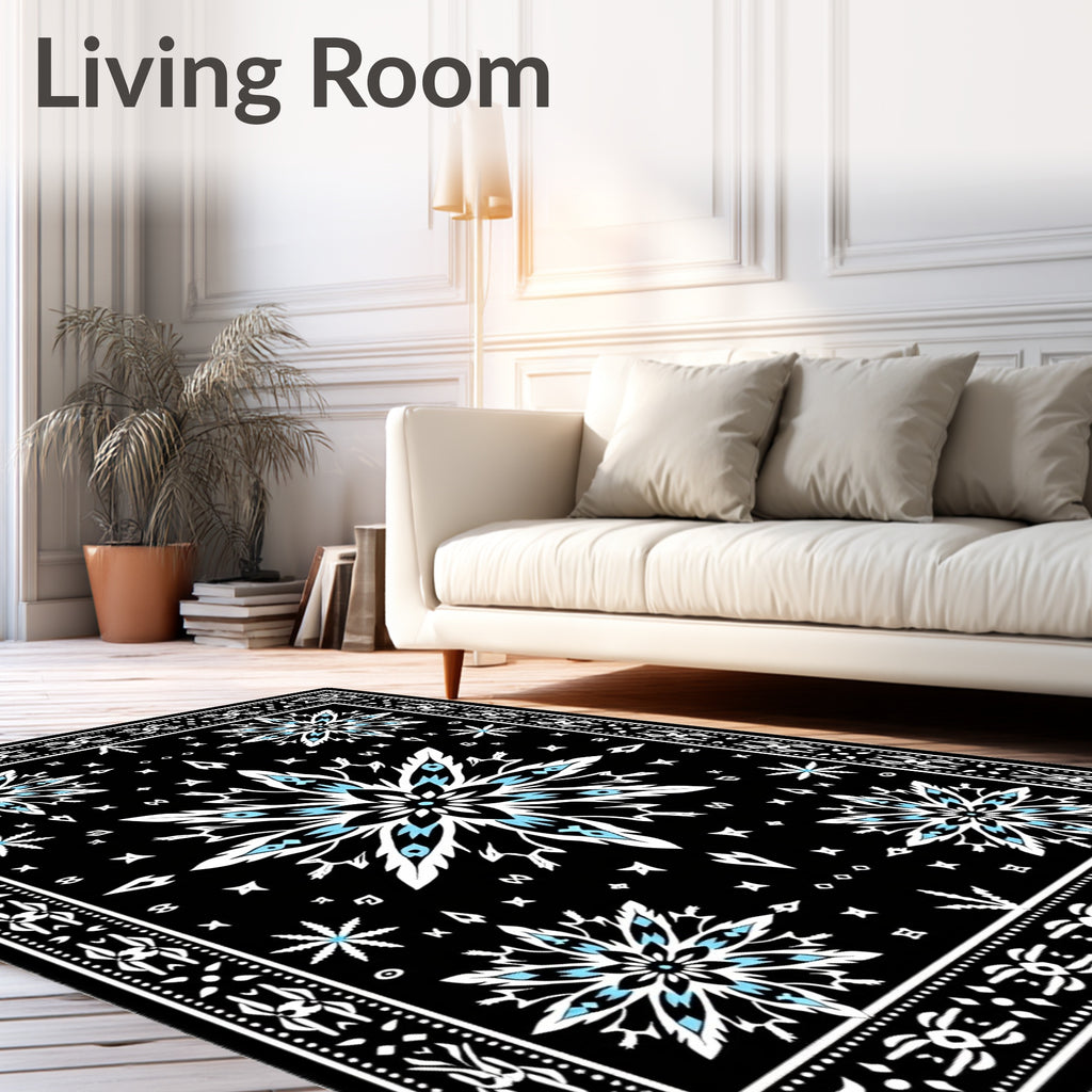 Black Starburst Medallion with Blue Accents Rug