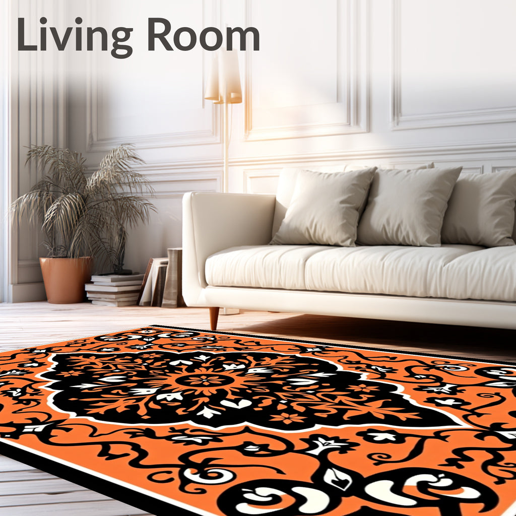 Vibrant Orange Black Floral Medallion Rug