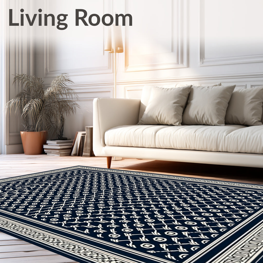 Navy Cream Traditional Geometric Border Rug