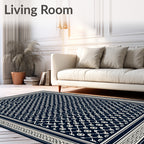Navy Cream Traditional Geometric Border Rug