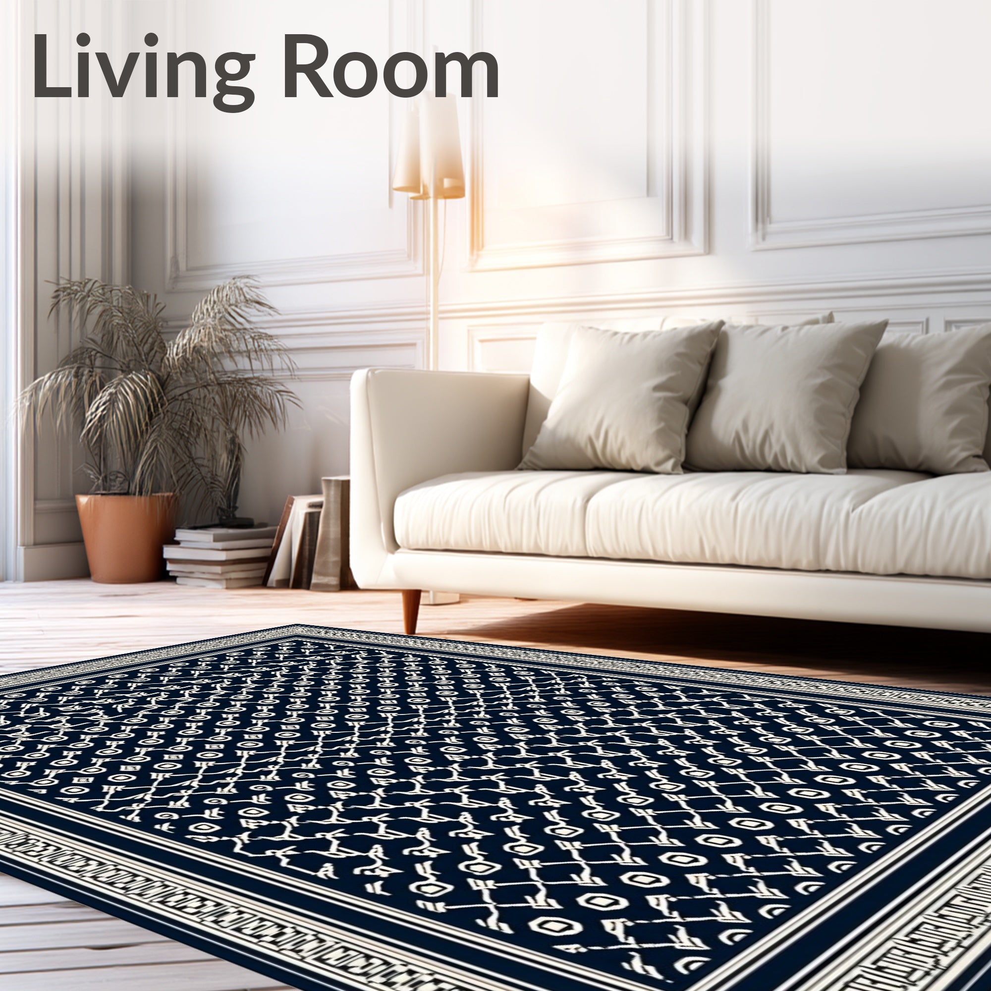 Navy Cream Traditional Geometric Border Rug
