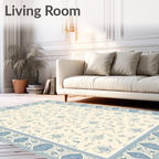 Ornate Cream Blue Bordered Scrollwork Rug