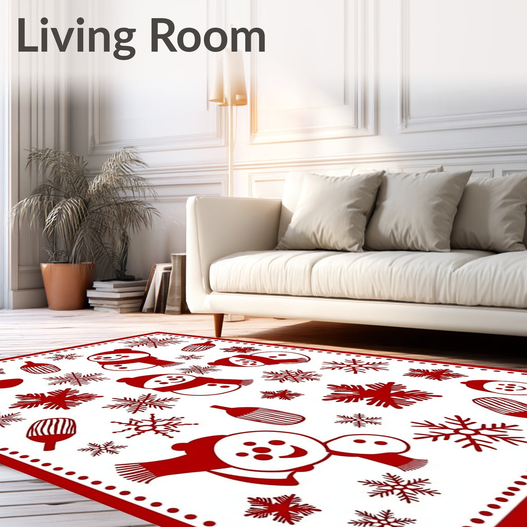 Red Snowman Snow Flake Whimsical Collage Rug