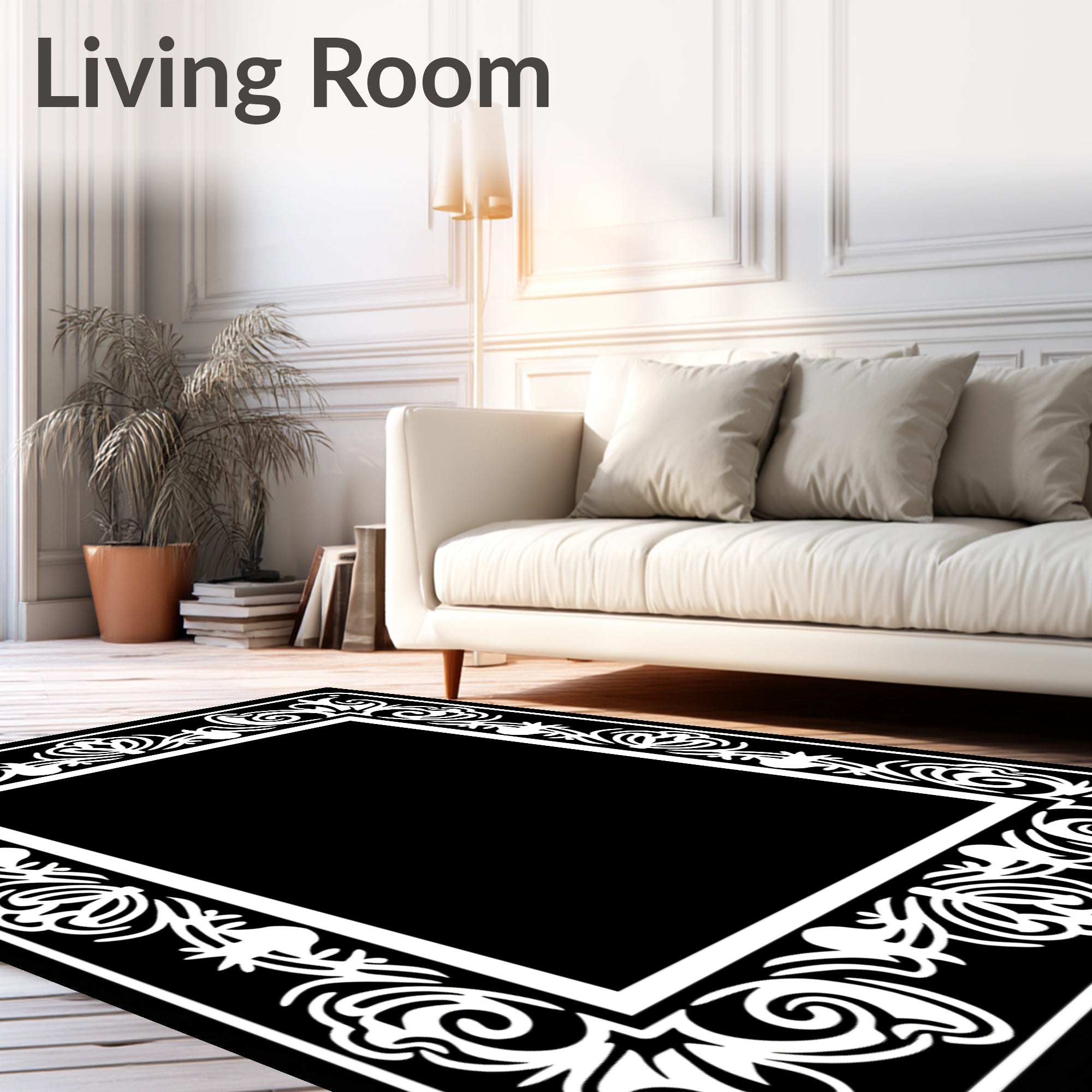 White Floral Ornate Frame Rug