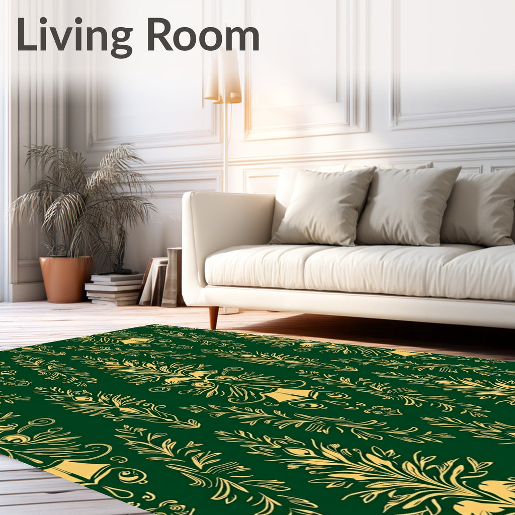 Emerald Green Gold Floral Damask Rug