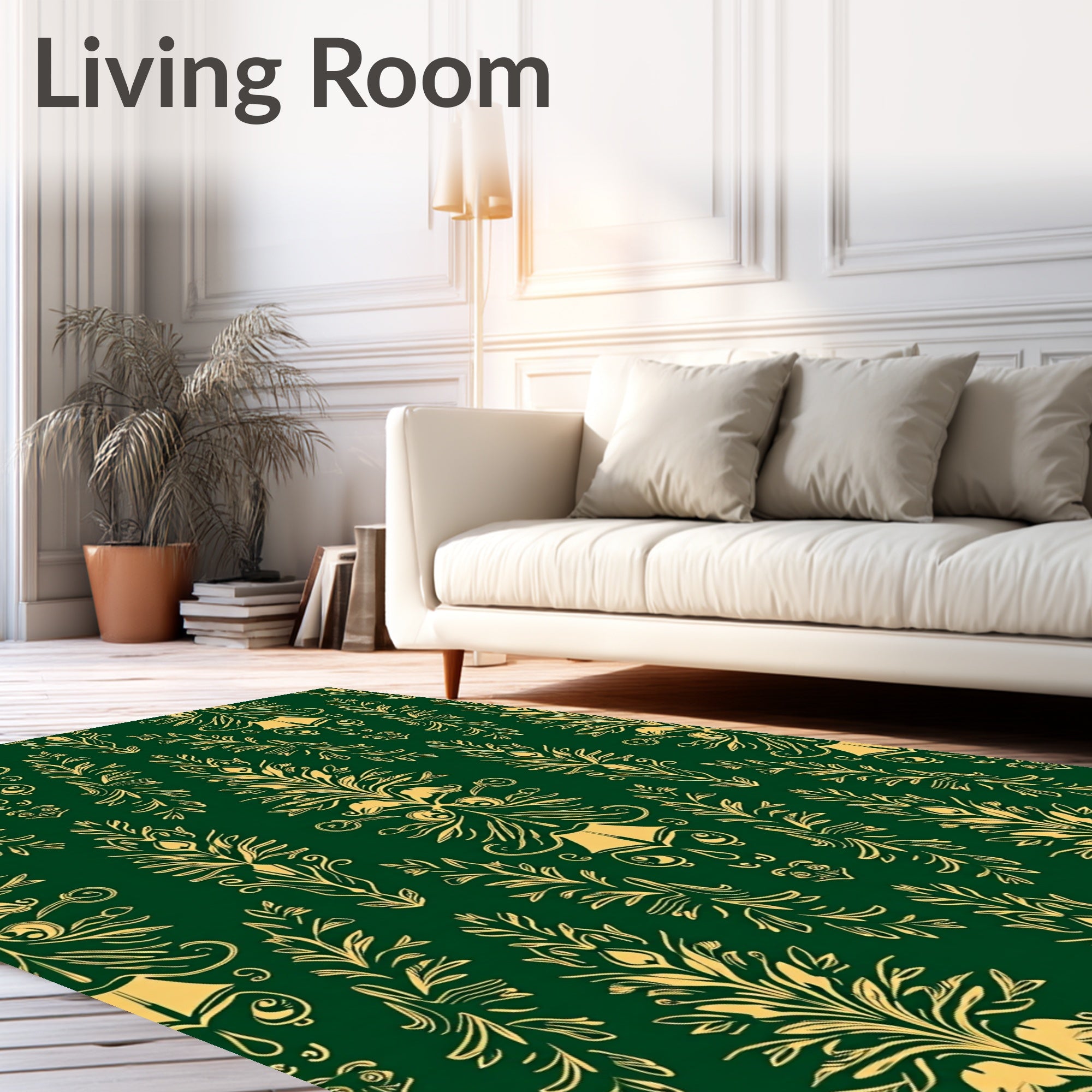 Emerald Green Gold Floral Damask Rug