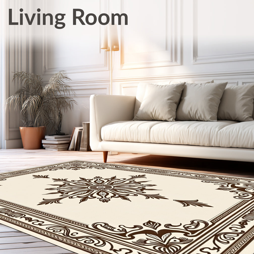 Elegant Cream Dark Brown Floral Medallion Rug
