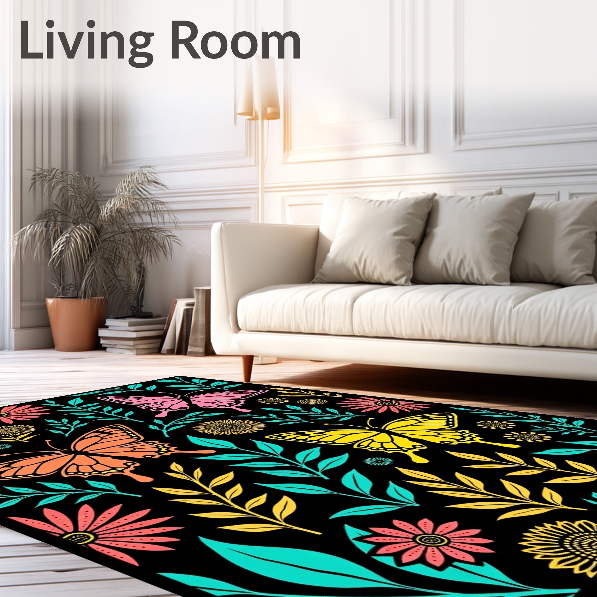 Colorful Butterfly and Floral Garden Rug