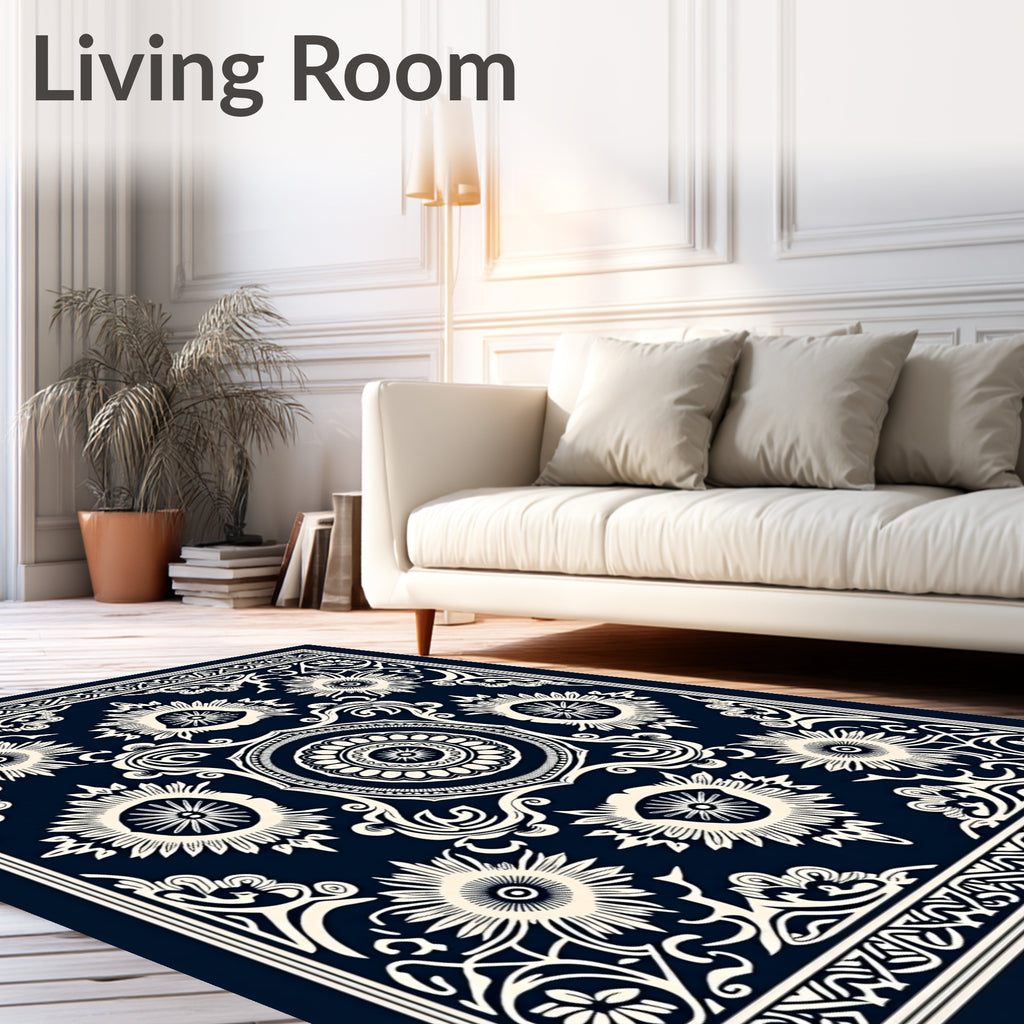Navy Ivory Floral Sun Mandala Rug