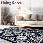 Navy Ivory Floral Sun Mandala Rug