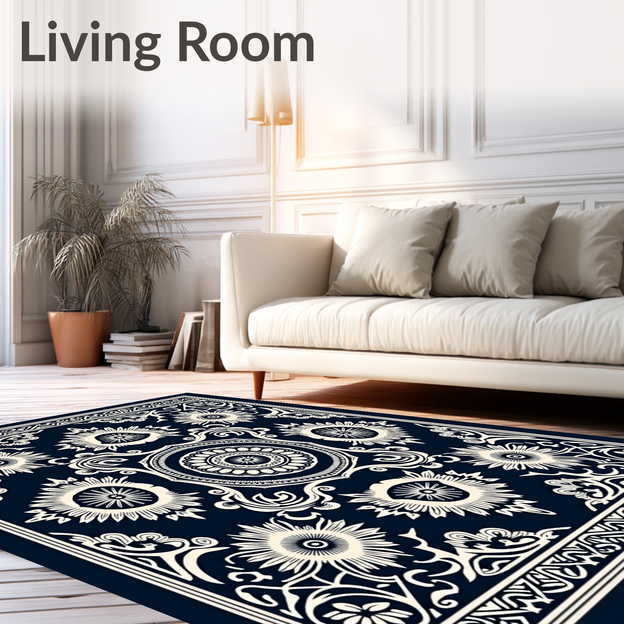 Navy Ivory Floral Sun Mandala Rug