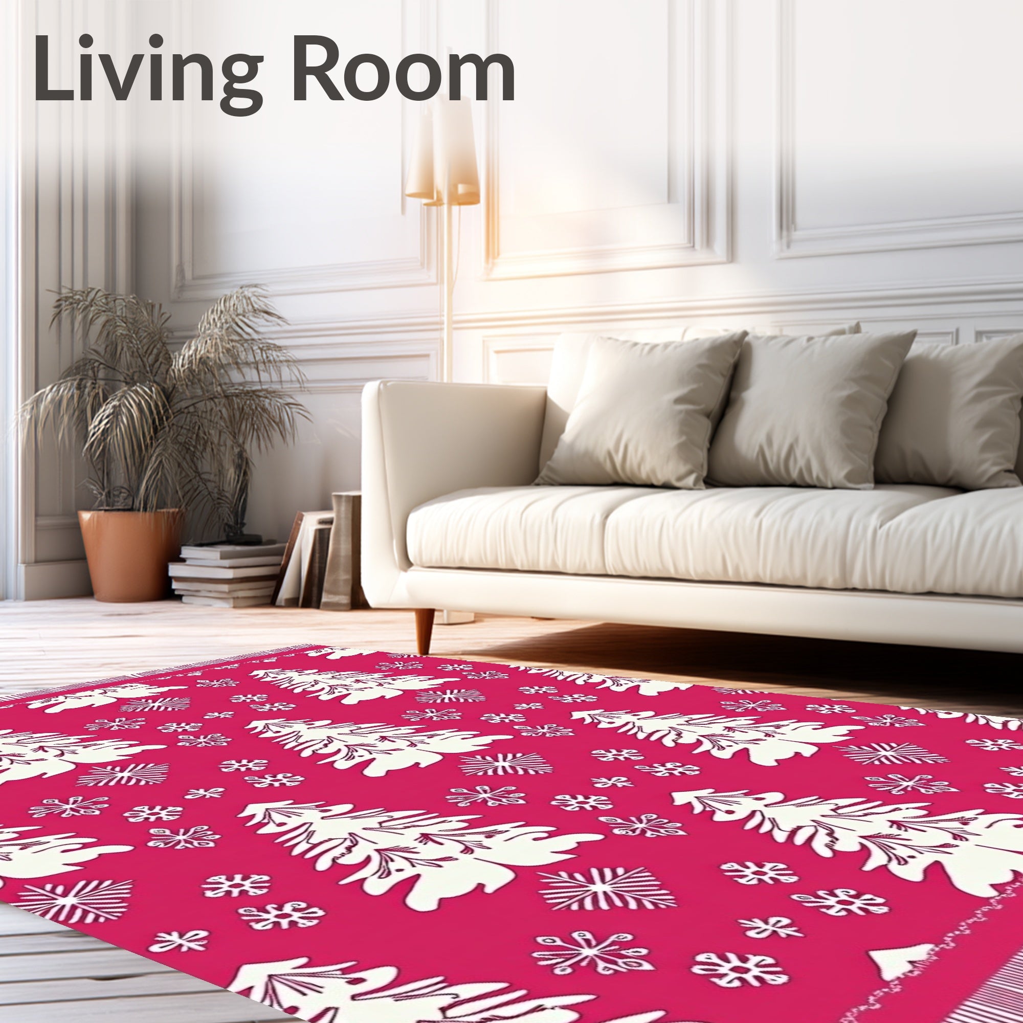 White Pine Trees and Snowflakes on Pink Rug