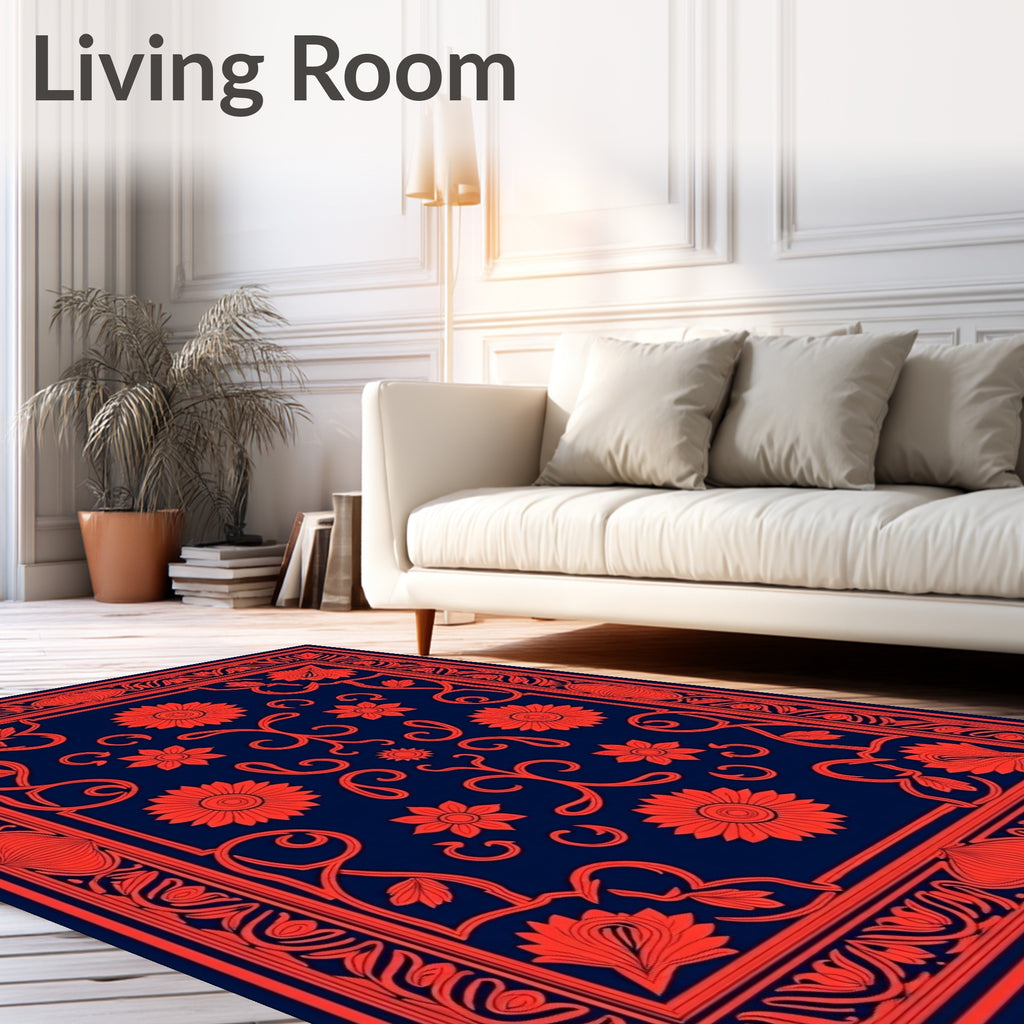 Coral Floral Scroll Navy Romance Rug