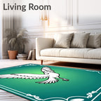 Elegant White Flying Bird Teal Border Rug