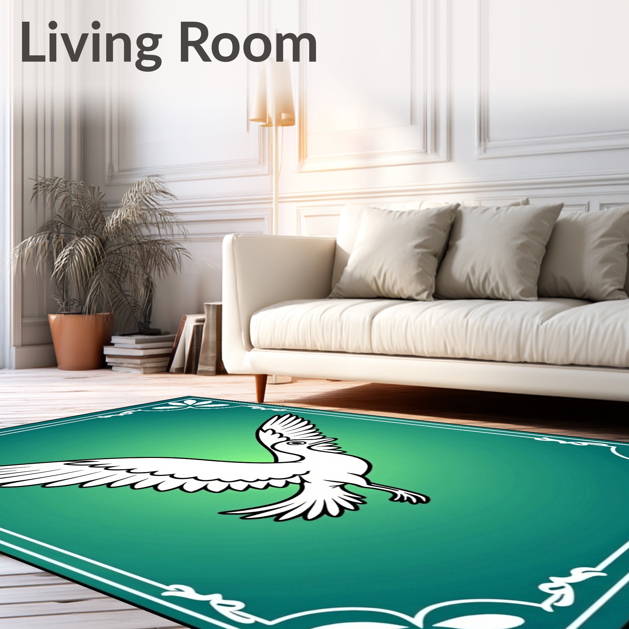 Elegant White Flying Bird Teal Border Rug
