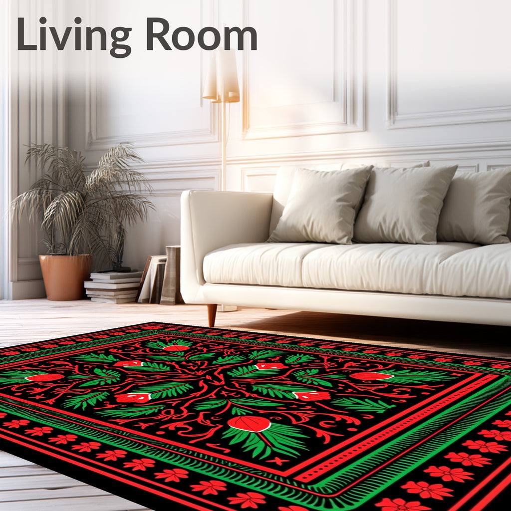 Bold Red Green Floral Garden Tapestry Rug