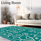 Teal Vine Leaf Scrollwork Medallion Rug