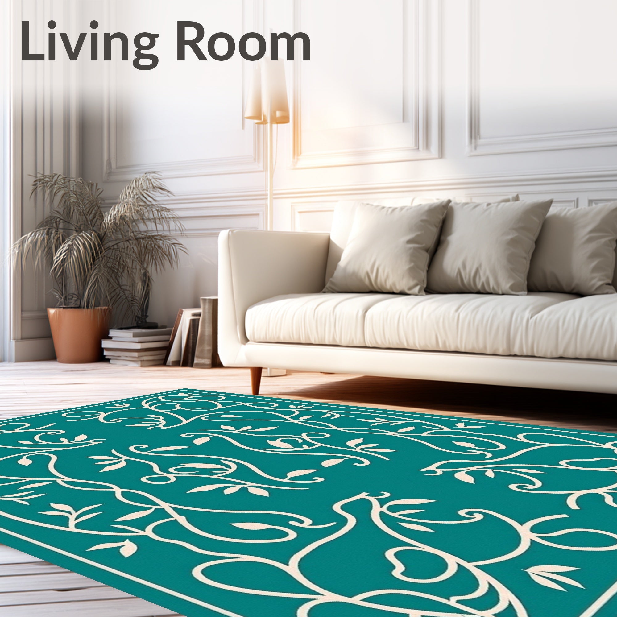 Teal Vine Leaf Scrollwork Medallion Rug