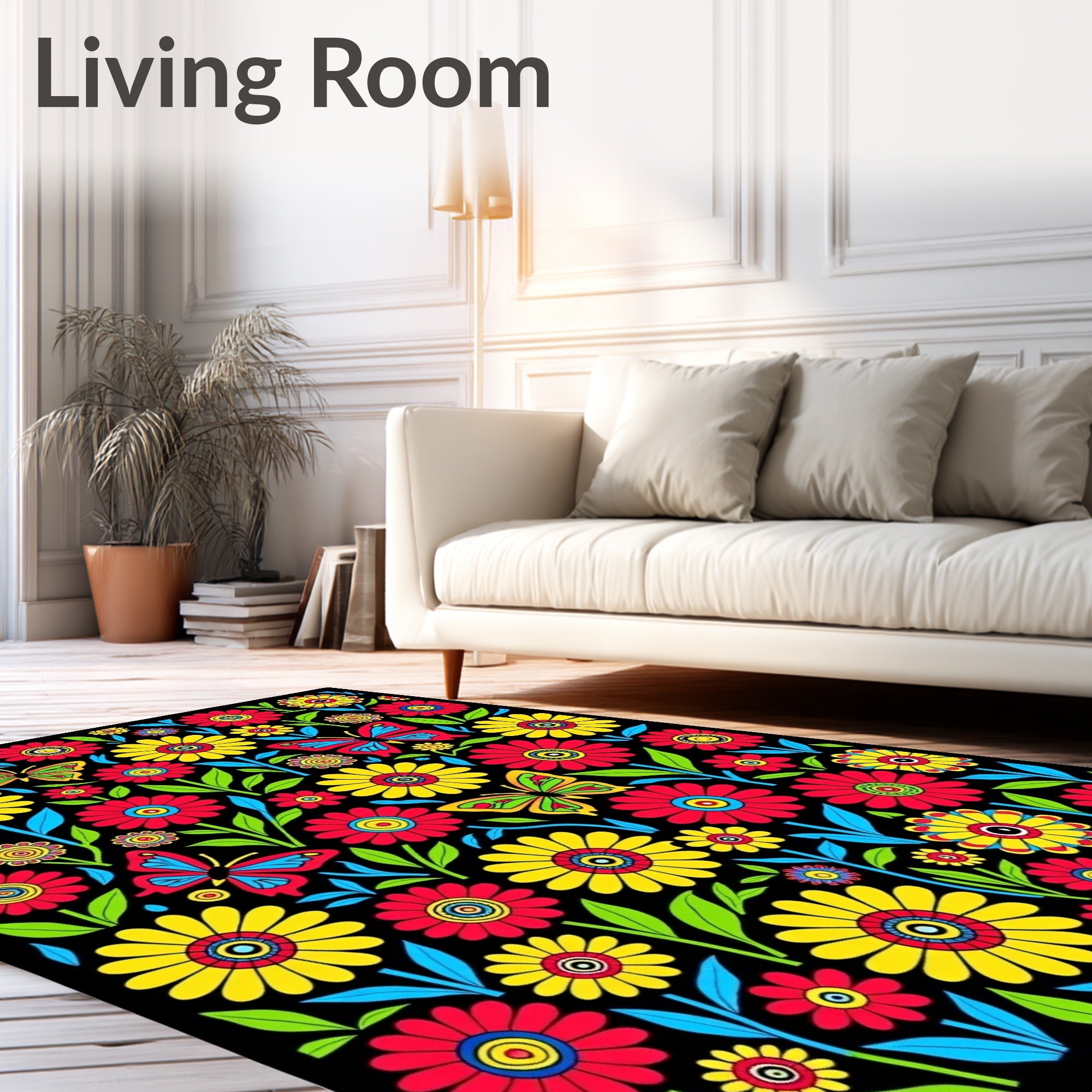 Vibrant Retro Floral Butterfly Garden Rug