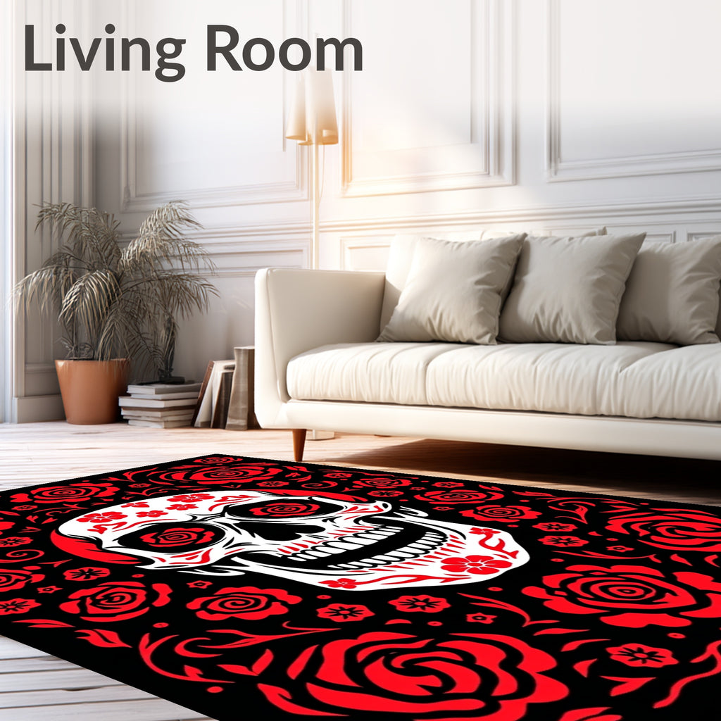 Red Skull With Roses And Floral Swirls Rug