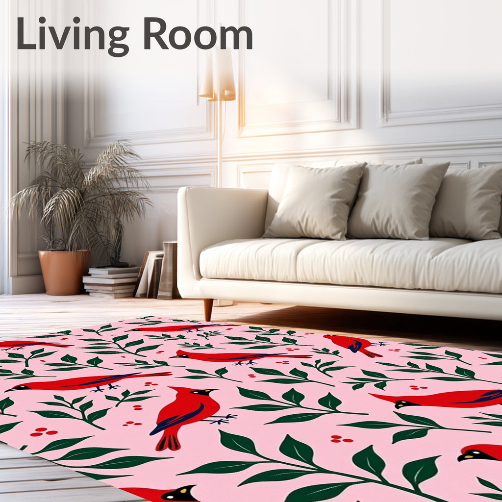 Charming Red Birds Greenery Pink Background Rug