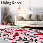 Charming Red Birds Greenery Pink Background Rug