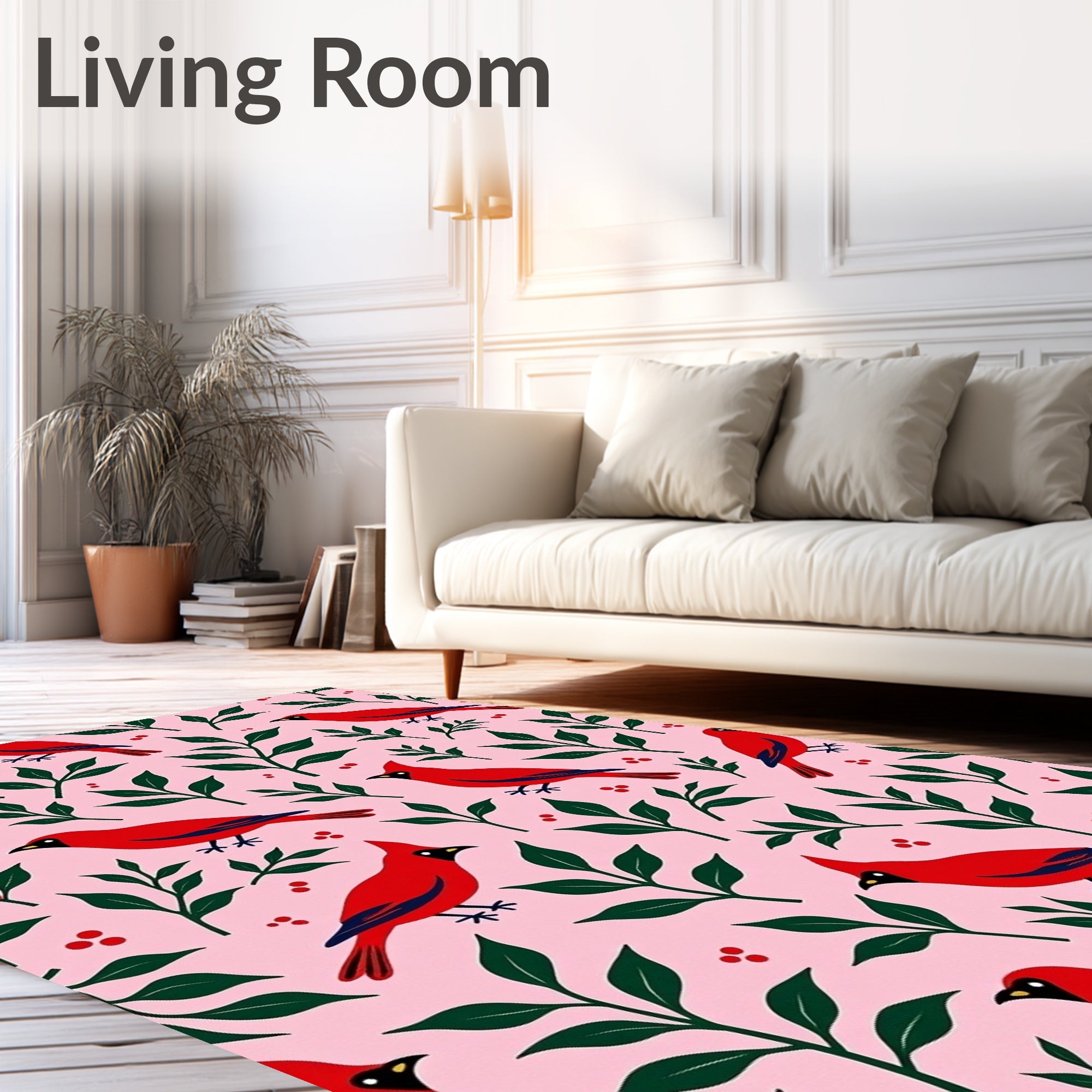 Charming Red Birds Greenery Pink Background Rug
