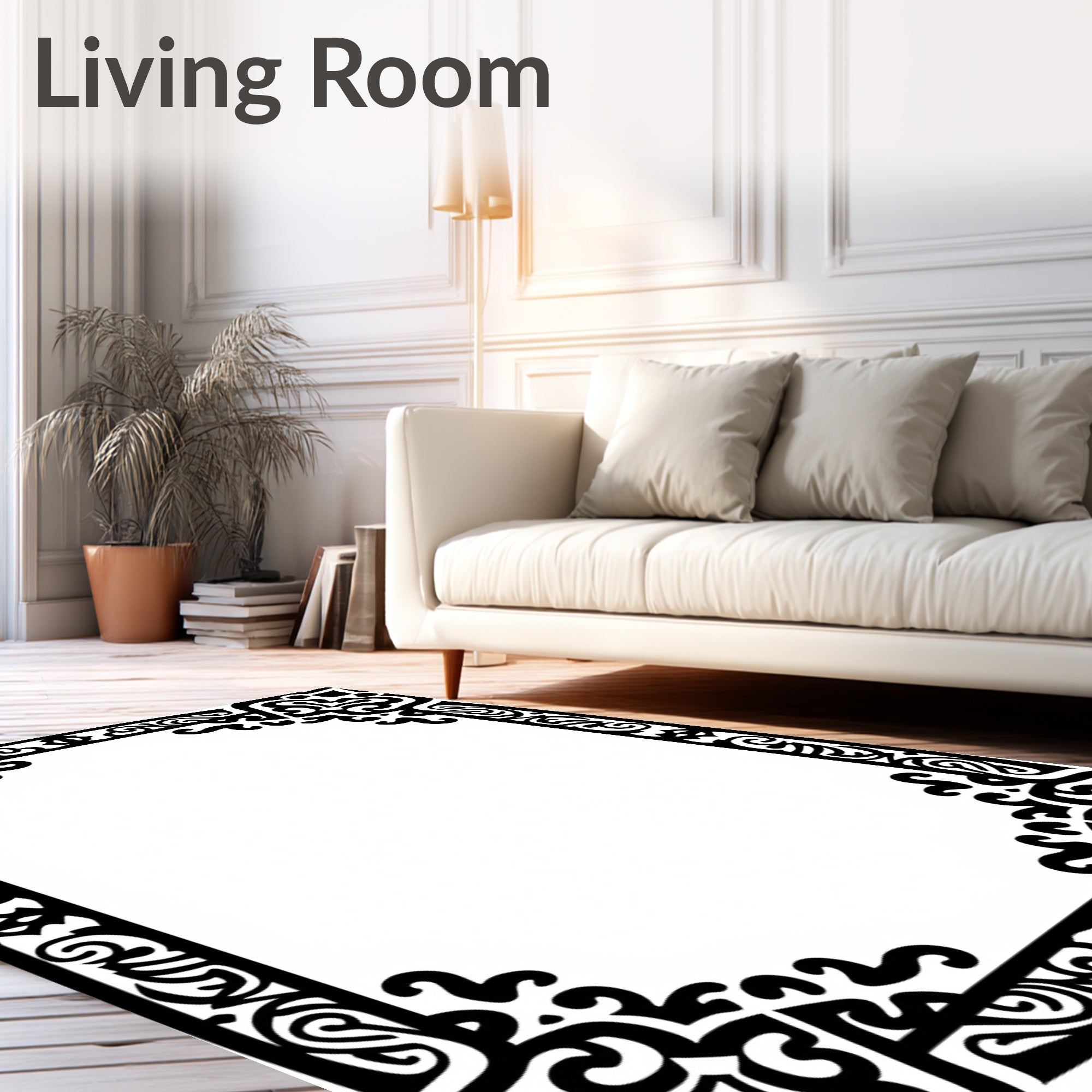 Black Elaborate Scrollwork Corner Border Rug