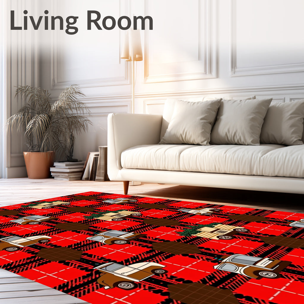 Red Plaid Truck Tree Repeat Rug