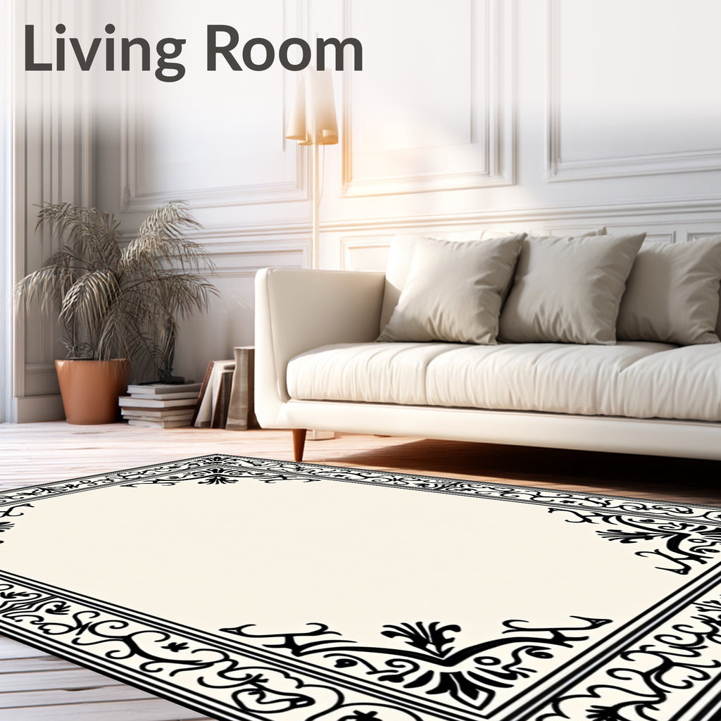Classic Black Cream Floral Border Rug