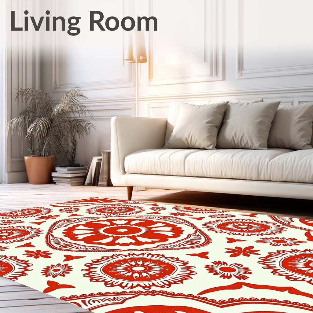 Vibrant Crimson Floral Mandala Rug