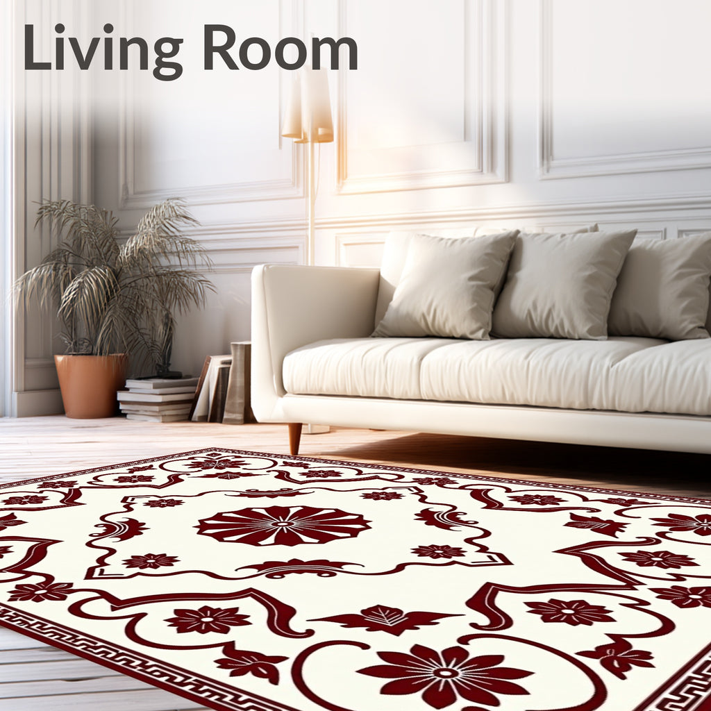 Deep Red Floral Symmetry Arrangement Rug
