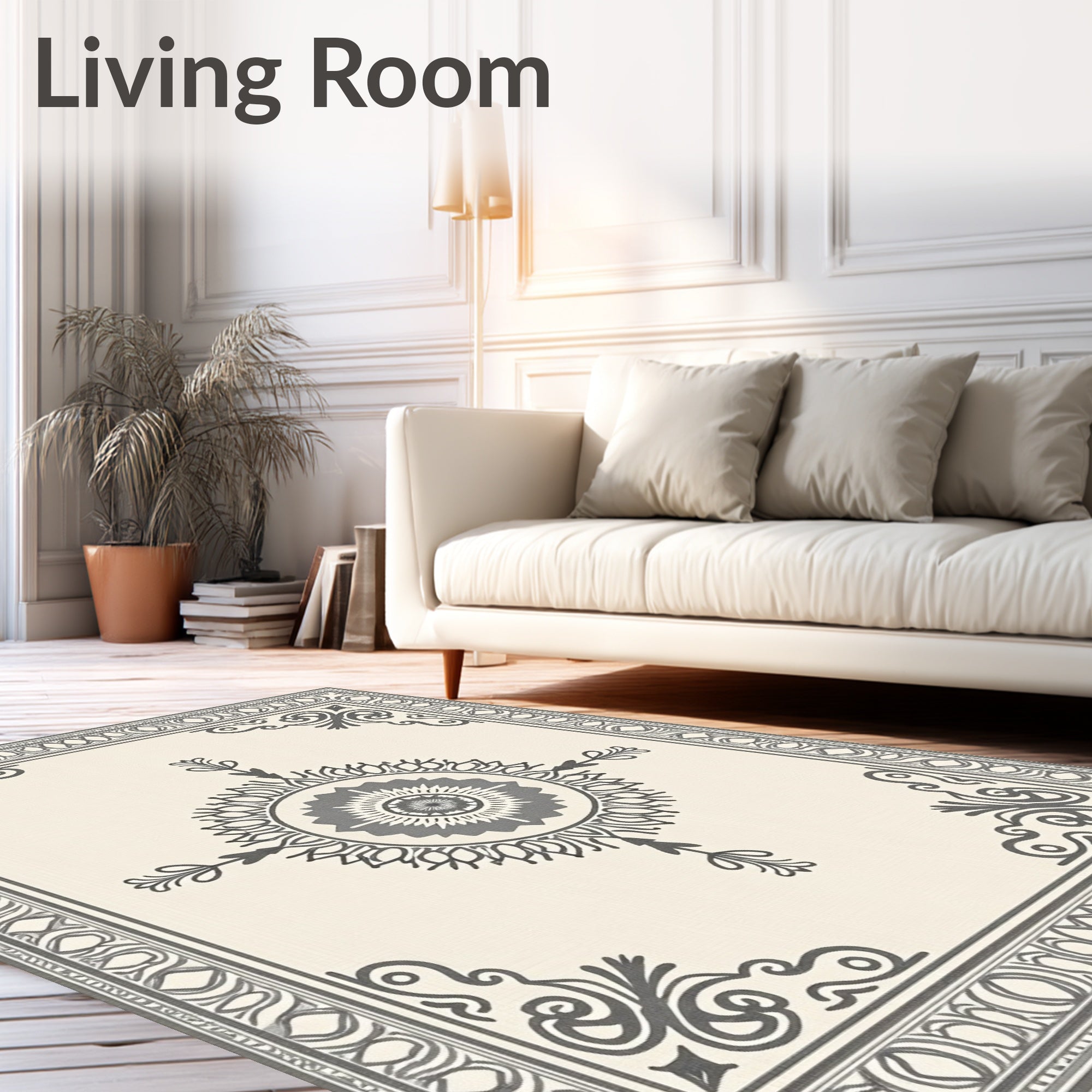 Cream Gray Mandala Frame Rug