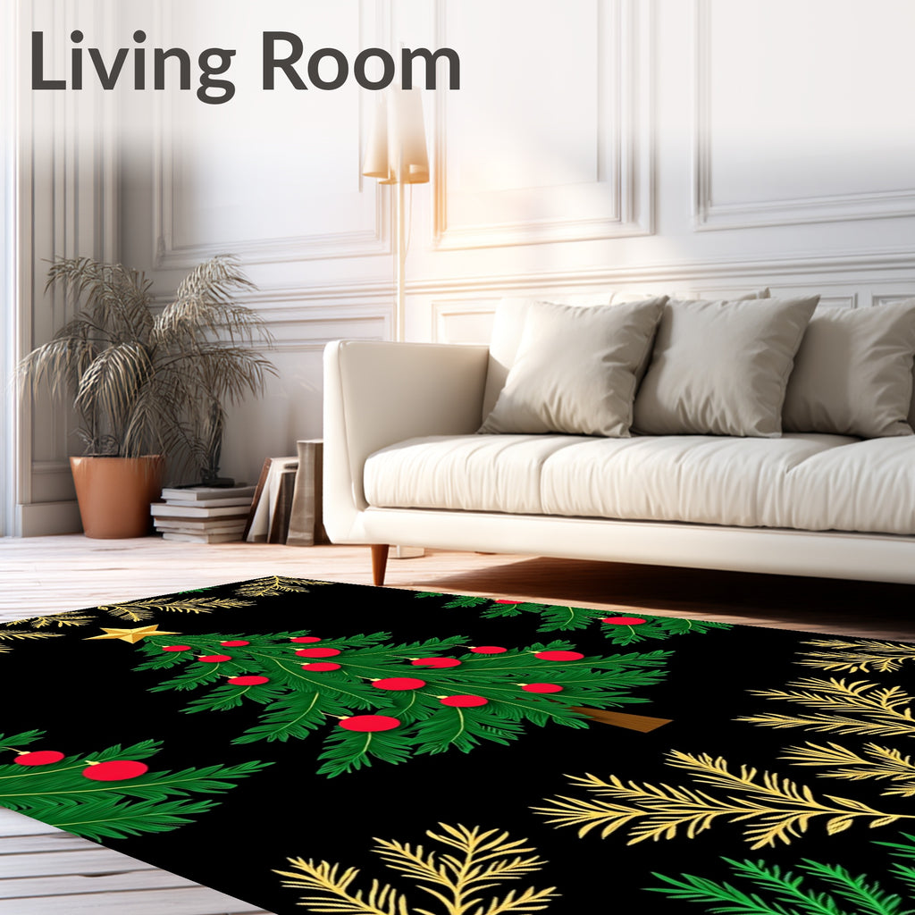 Green Pine Trees With Gold Star And Orbs Rug