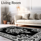 Black White Floral Medallion Damask Rug