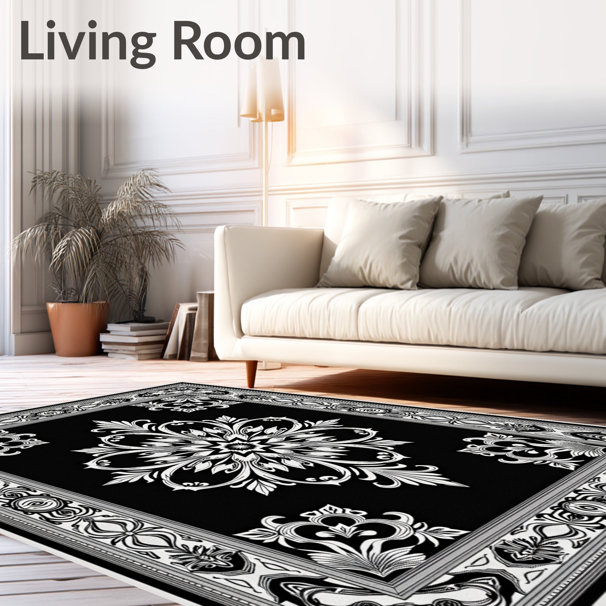 Black White Floral Medallion Damask Rug
